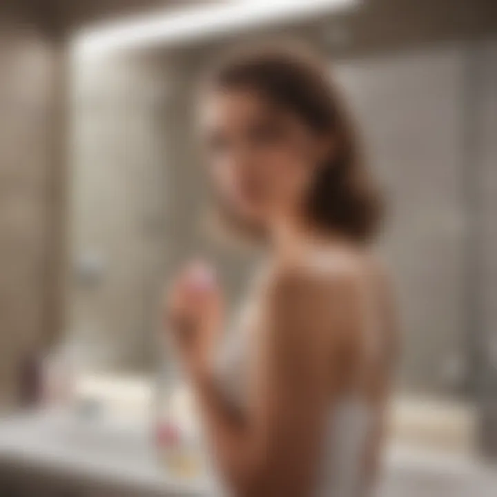 A serene bathroom setting showcasing a skincare routine with lotions