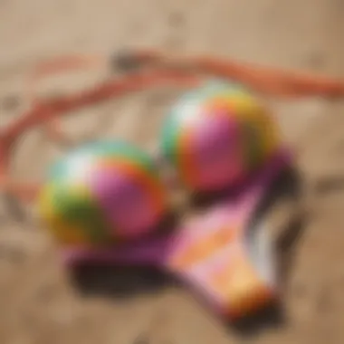 Vibrant tropical bikini set displayed on a beach