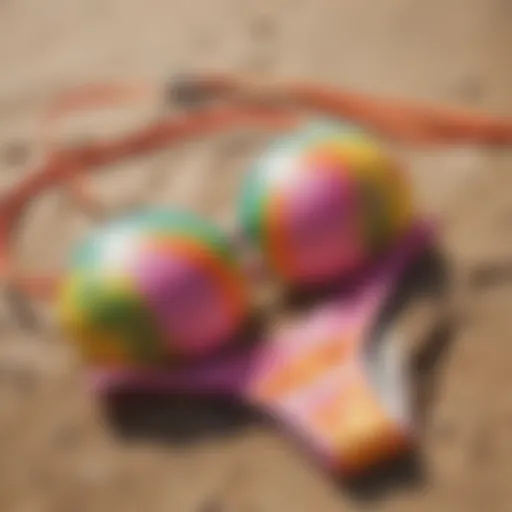Vibrant tropical bikini set displayed on a beach