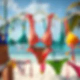 A vibrant collection of Cupshe bikinis displayed against a beach backdrop