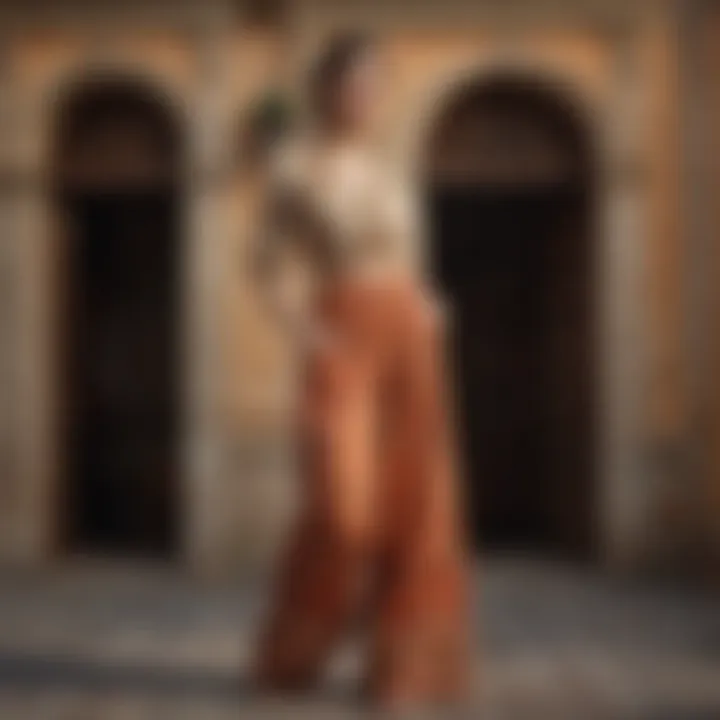 Cultural representation of palazzo pants in a traditional setting.