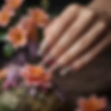 Close-up of nail art featuring floral designs and seasonal hues