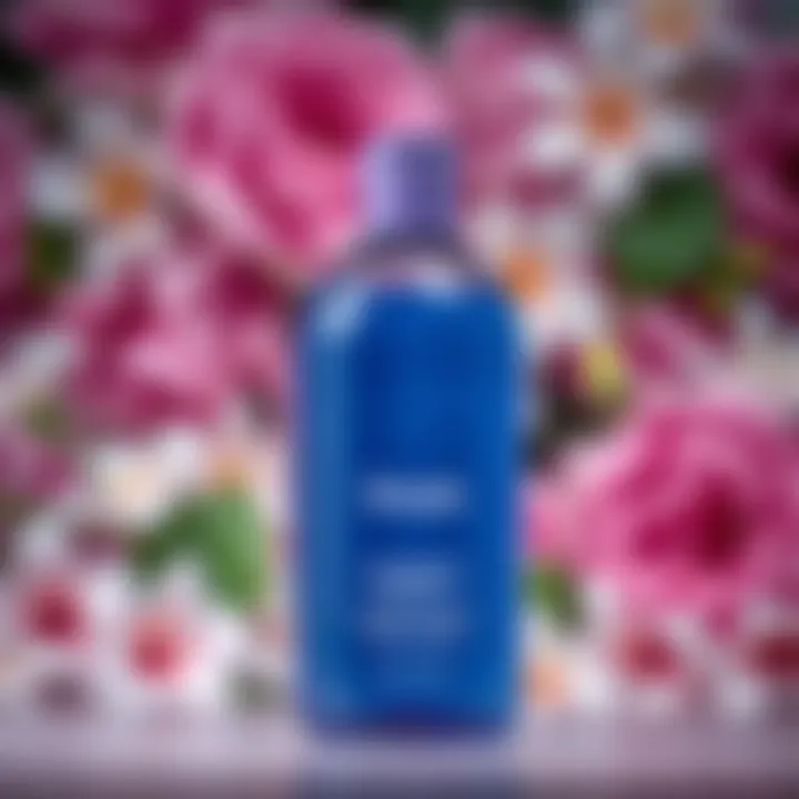 Bottle of purple shampoo with floral background