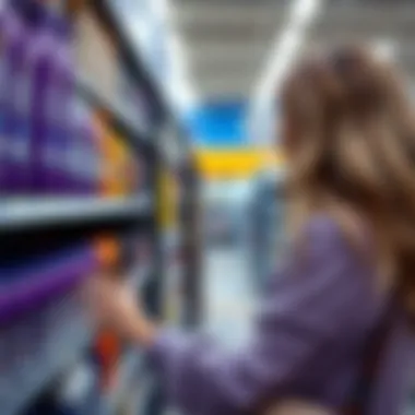 Consumer reviewing purple shampoo at Walmart aisle