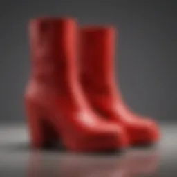 Close-up view of the texture and detailing of red Maison Margiela boots.