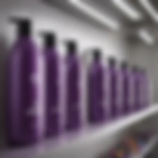 Affordable purple shampoo bottles lined up on a shelf