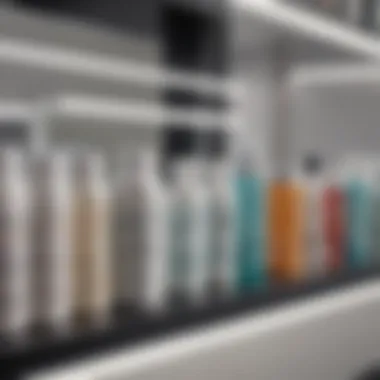 A close-up view of various chemical peel products displayed on a shelf