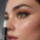 Close-up of a drugstore eyebrow serum bottle with a natural backdrop