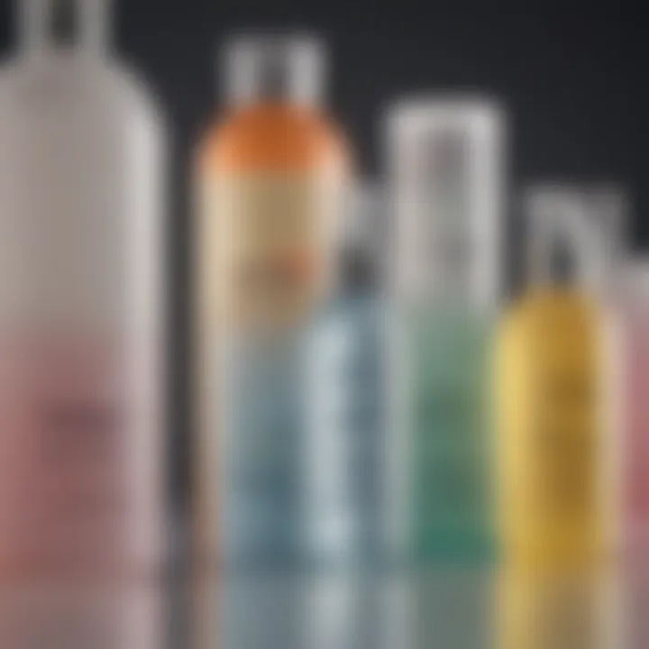 Close-up of different hair toner formulations in various containers.