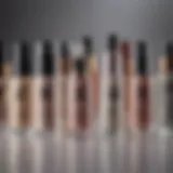 A variety of makeup primers displayed on a vanity.
