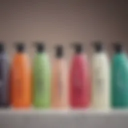 A close-up of various cleansing shampoo bottles arranged aesthetically.