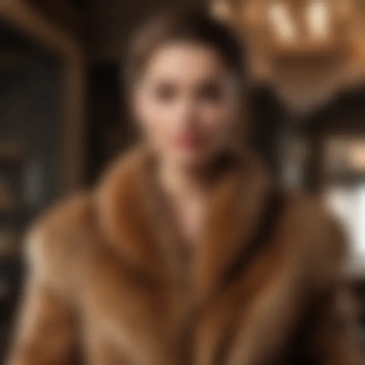 A stylishly dressed individual wearing vintage fur in a modern setting.