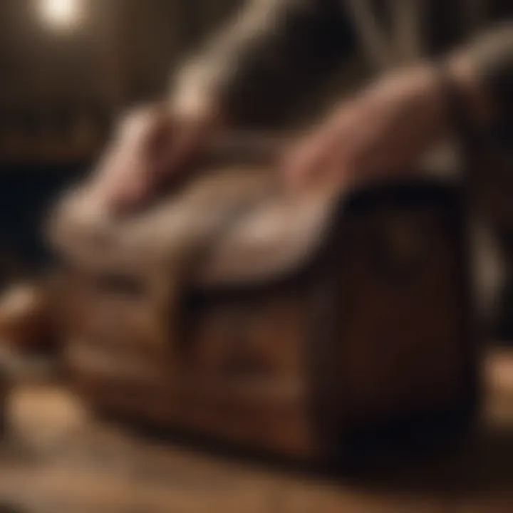 Artisans performing traditional craftsmanship techniques on a bag