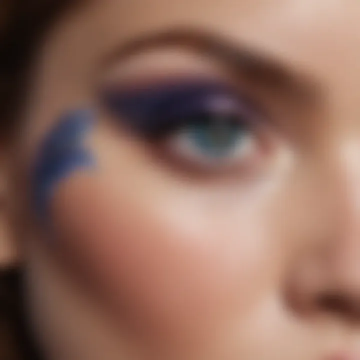 Close-up of a model's eyes adorned with Charlotte Tilbury eyeshadow, highlighting the vibrancy of the colors against blue irises.