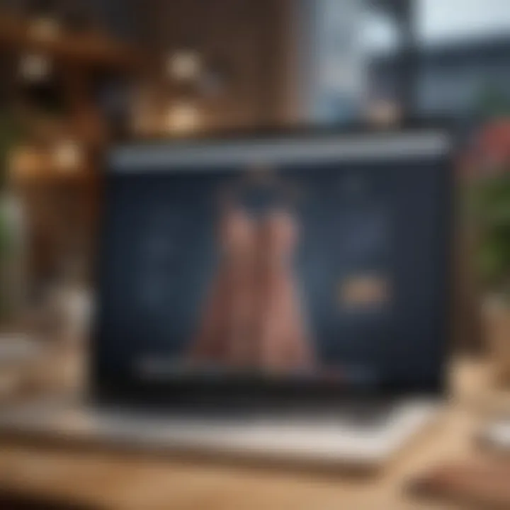 A cozy online shopping scene with summer dresses prominently displayed on a laptop screen.