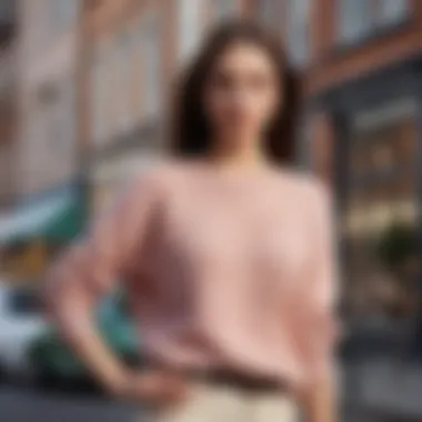 A fashionable woman styling a summer jumper with accessories against a chic urban backdrop