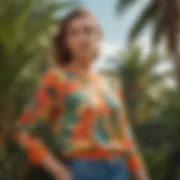 A vibrant summer jumper in a tropical pattern displayed against a sunny backdrop