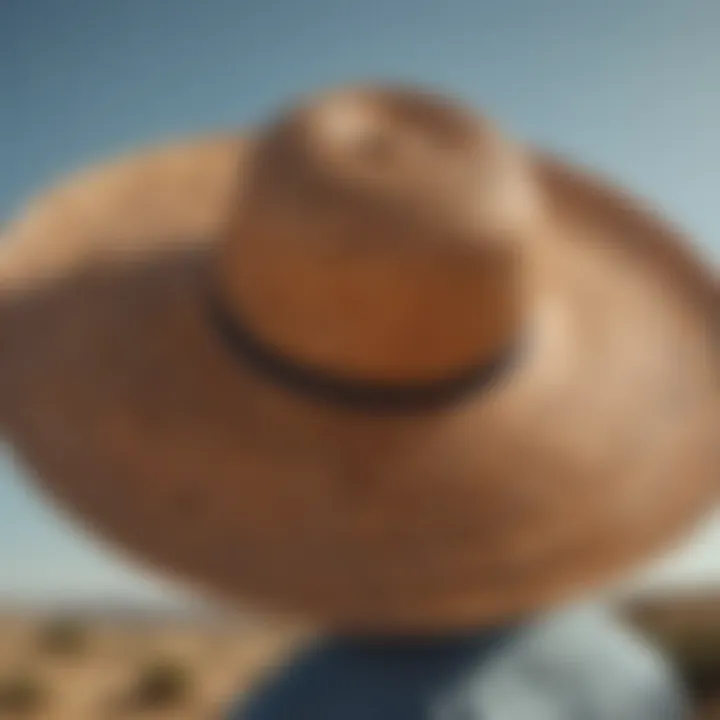 An eco-friendly woven sun hat with a tag highlighting sustainable practices.